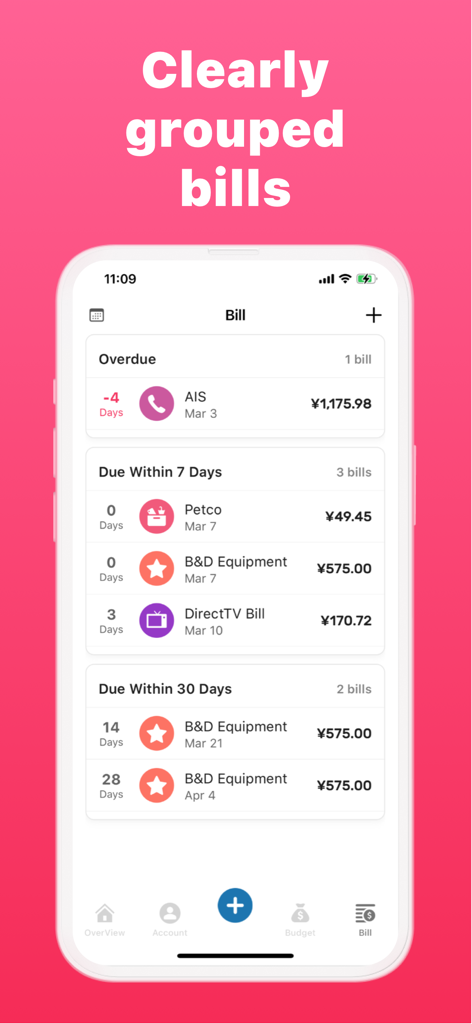 Money Manager: Budget Expense - Money Manager app screen showing bills grouped by overdue and upcoming due dates