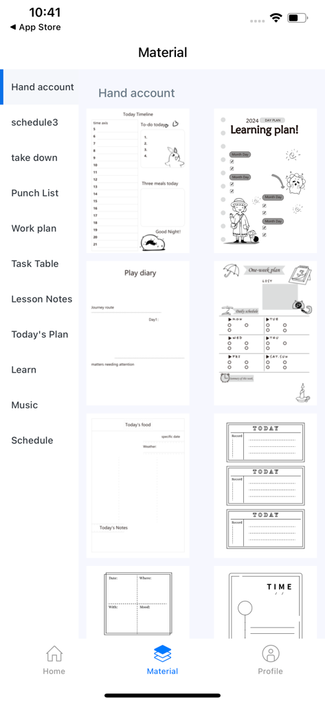 Luck Jingle - Pantalla de la app Luck Jingle mostrando una biblioteca de plantillas imprimibles para diario y agenda para impresoras térmicas