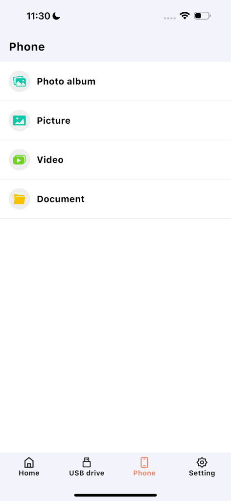 Interface of the LinkBack app showing file categories on the phone including photo album picture video and document
