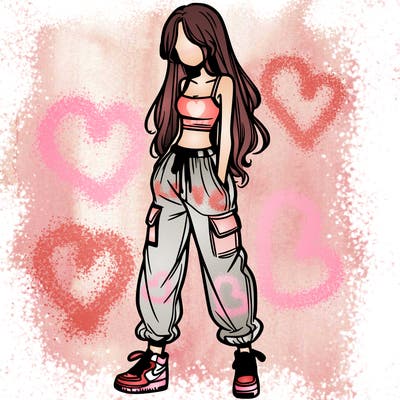 girl in baggy pants crop top and long hair