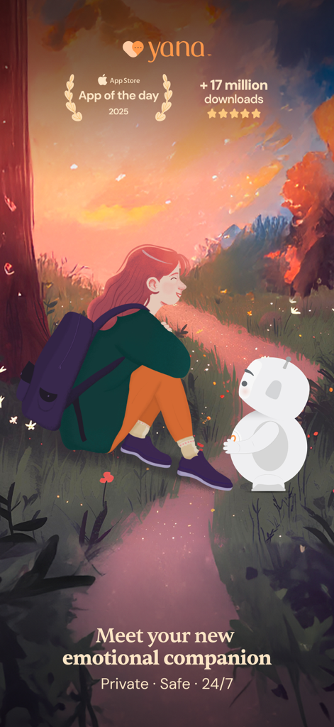 Illustration d'une femme assise dans la nature parlant à un petit robot compagnon IA blanc