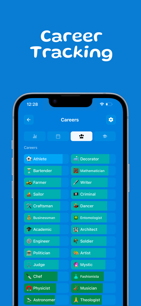 Bloobi - Career tracking menu in the Bloobi app showing a grid of different professions.