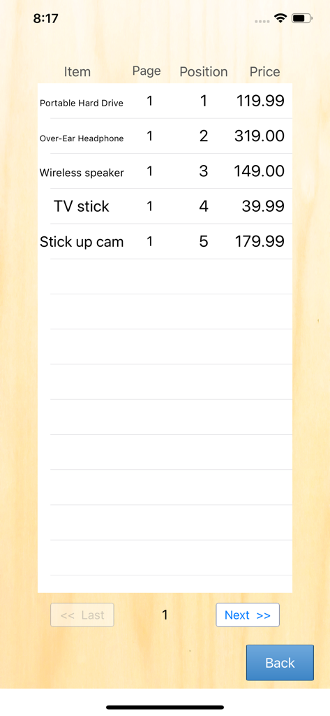 Inventory list screen in the POS S Pro app displaying products and prices.