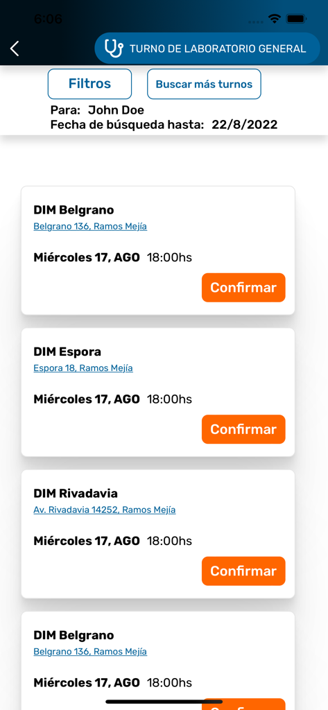DIM SALUD Turnos y Resultados - Interfaccia mobile per la prenotazione di appuntamenti di laboratorio nell'app DIM SALUD che mostra orari e luoghi disponibili.