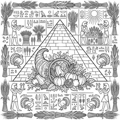 Discover a truly unique blend of history and gratitude with this intricate coloring page. Featuring ancient Egyptian Pyramid Texts alongside a bountiful Thanksgiving harvest, it's a creative journey for all ages.
