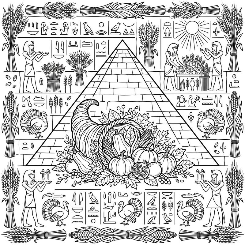 Discover a truly unique blend of history and gratitude with this intricate coloring page. Featuring ancient Egyptian Pyramid Texts alongside a bountiful Thanksgiving harvest, it's a creative journey for all ages.