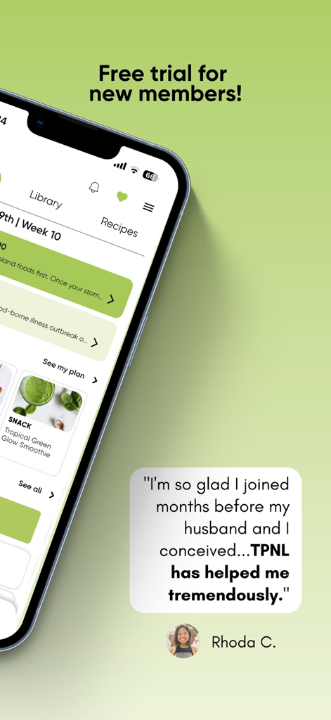 The Prenatal Nutrition Library - A mobile screenshot of The Prenatal Nutrition Library app featuring a user testimonial and a healthy smoothie recipe card.