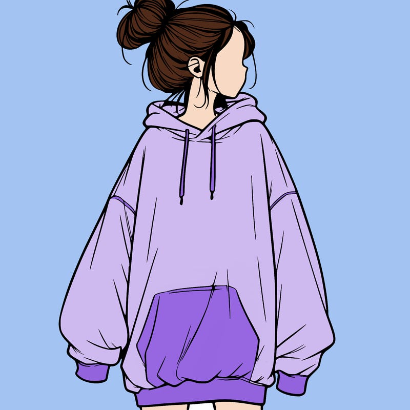 realistic girl with a oversized sweatshirt on and a bun