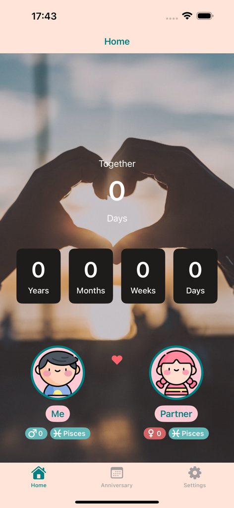 In Love: Days Counter Widget - Écran d'accueil de l'application de compteur de relations In Love avec un fond de cœur et des avatars de couple