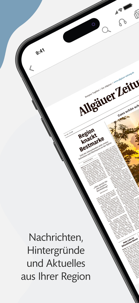 Tela do smartphone exibindo o aplicativo Allgäuer Zeitung e-Paper com artigos de notícias regionais