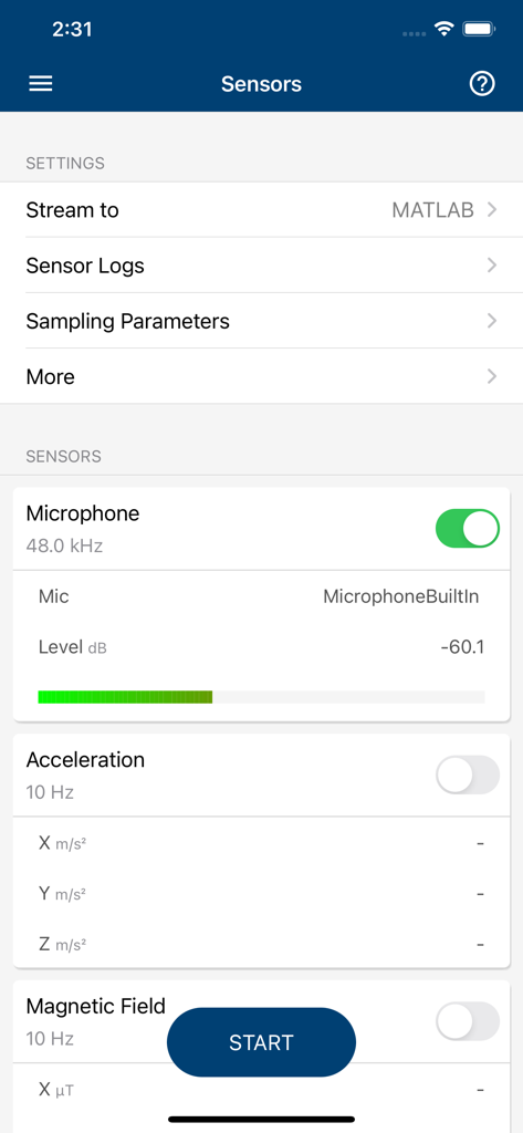 MATLAB Mobile sensors screen showing microphone data acquisition and settings