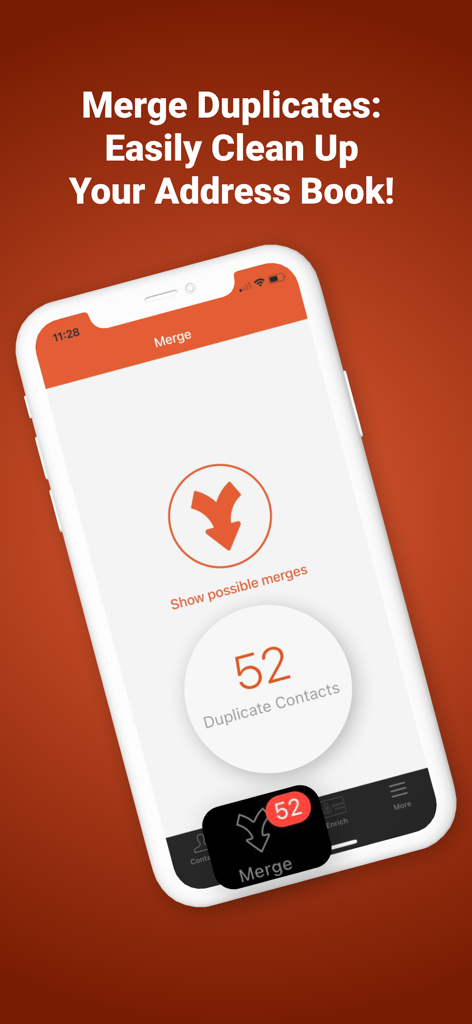 Easy Cleaner. - Interface de l'application Easy Cleaner montrant 52 contacts en double identifiés pour la fusion afin d'organiser le carnet d'adresses du téléphone