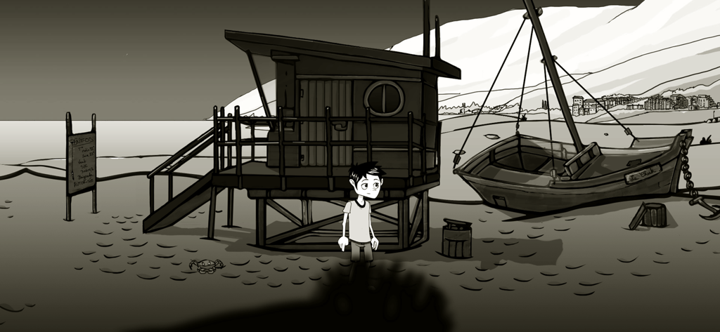 Una escena dibujada a mano en blanco y negro de un niño de pie en una playa junto a una cabaña de madera y un bote.