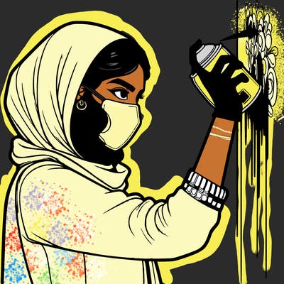 realistic girl with mask spray painting a wall