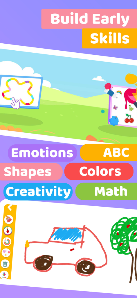Interfaz de la aplicación KidsBeeTV que muestra habilidades de aprendizaje temprano como ABC, Matemáticas y Colores con actividades interactivas de dibujo y trazado.
