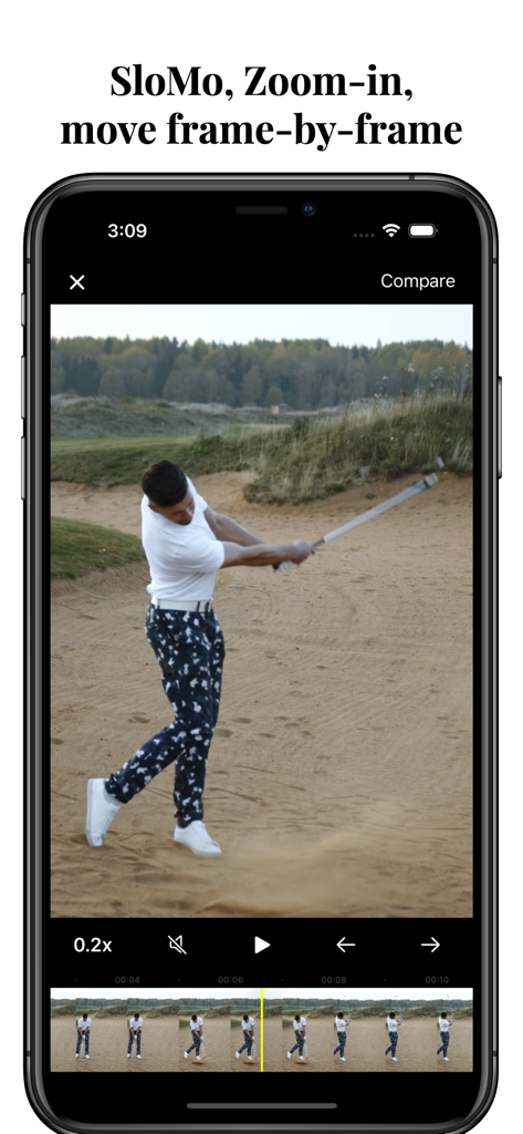 GameEye: Sport Video Analysis - GameEyeアプリを使用して、フレーム単位でスローモーションで自分のスイングを分析しているゴルファー。