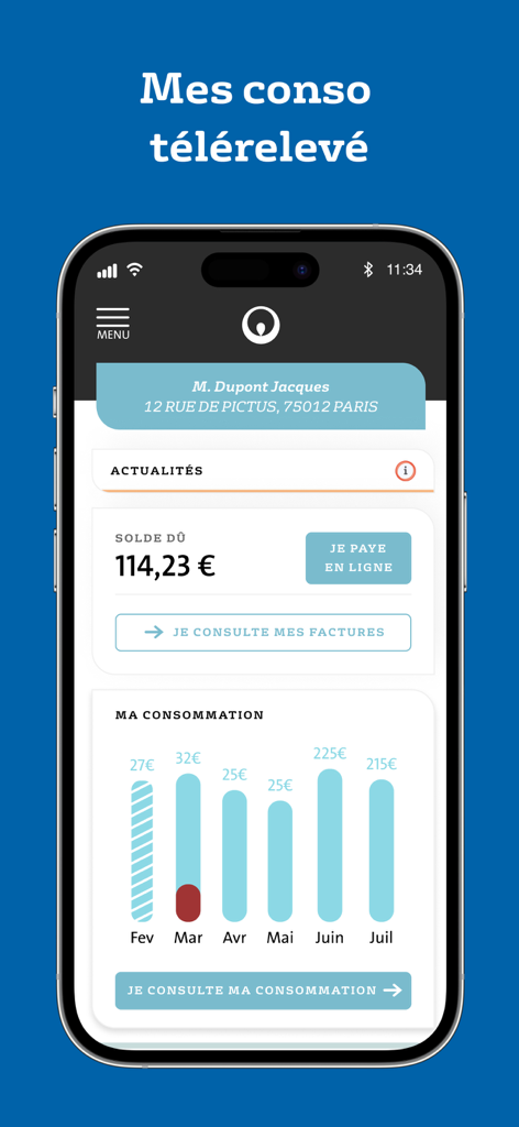 Veolia & moi - Eau - Dashboard of the Veolia and moi water utility app showing account balance and monthly consumption history.