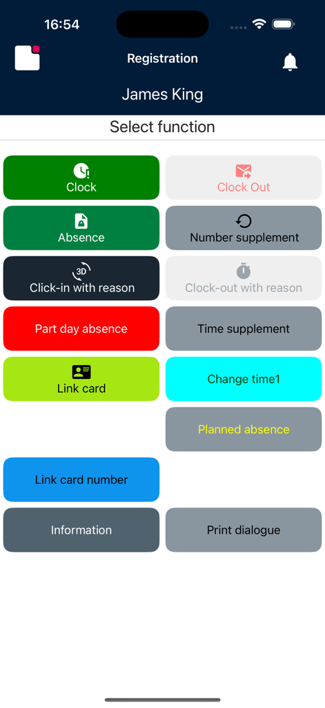 ProMarkアプリの登録インターフェース。出勤、退勤、欠勤報告のためのカラフルなボタンがあります。