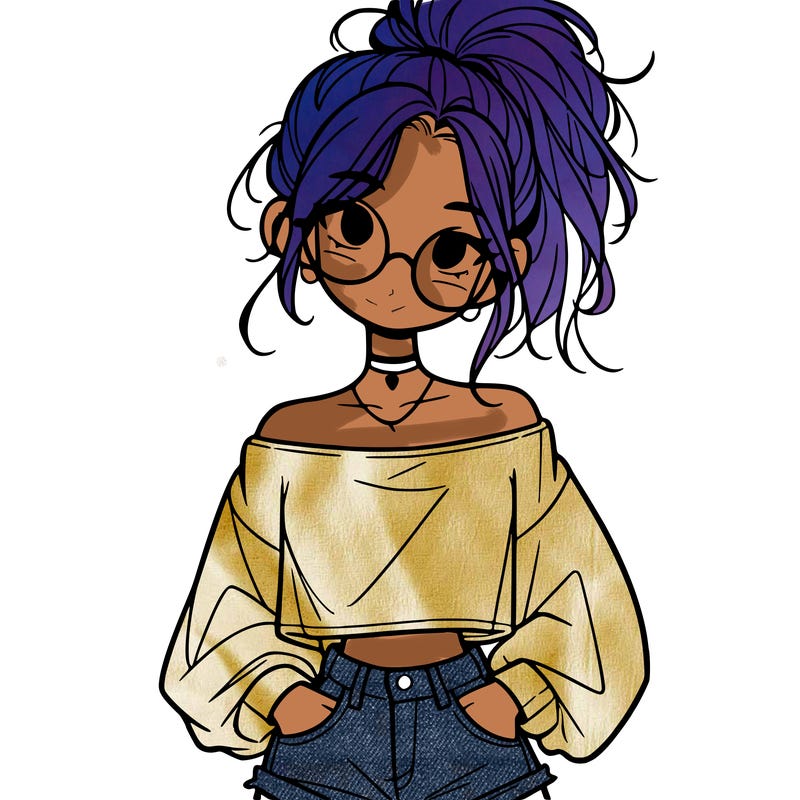 girl with a messy ponytail glasses a baggy crop top and jean shorts