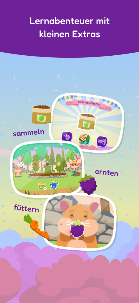 Screenshots of the sofatutor KIDS app featuring educational games for children to collect rewards, harvest crops, and feed a hamster.