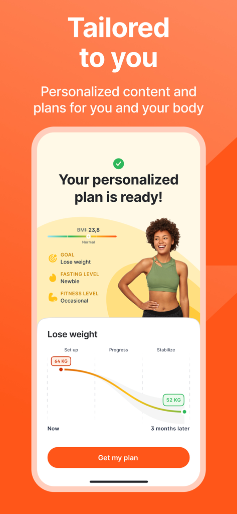 Interfaz de una aplicación móvil que muestra un plan de pérdida de peso personalizado con un indicador de IMC, nivel de ayuno y un gráfico de progreso de pérdida de peso de 3 meses.