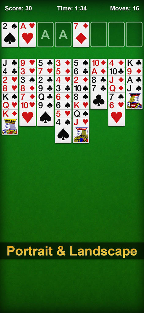 緑の背景にカードが並ぶ、縦画面モードのフリーセル ソリティア プレイ画面。