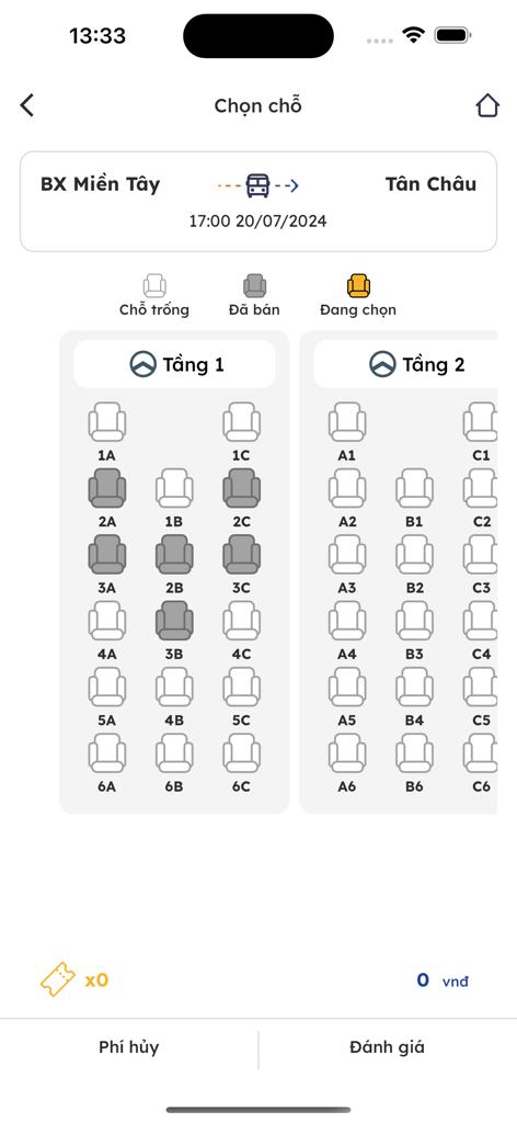Xe Thiên Thiên Hương - Mapa interativo de seleção de assentos de ônibus para a rota entre BX Mien Tay e Tan Chau no aplicativo móvel Xe Thien Thien Huong.