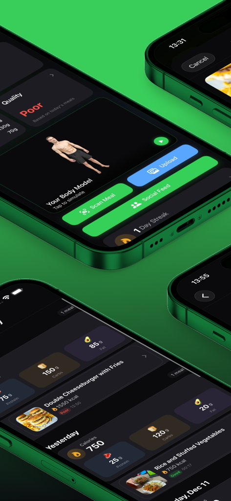 BodyMorpher: 3D Body Tracker - Interface of BodyMorpher app on mobile devices showing a 3D digital twin avatar and a meal tracking log with nutritional macros