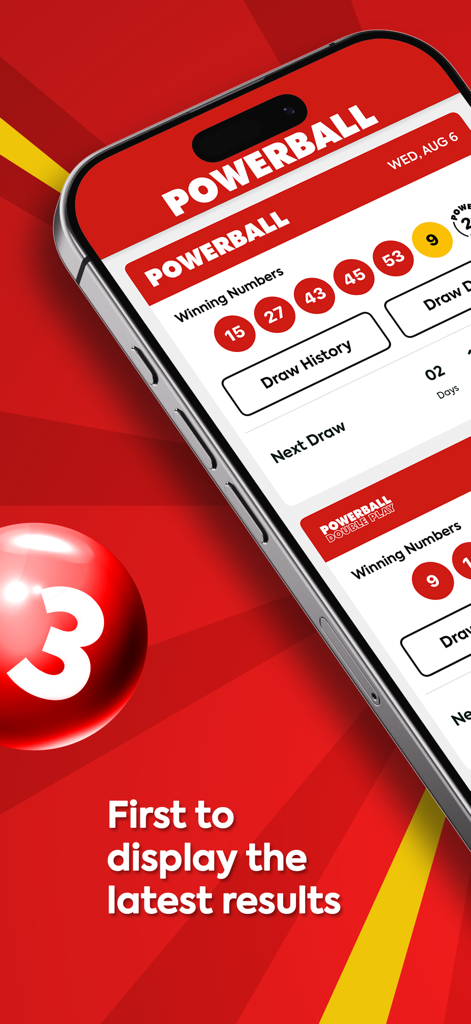 L'application Loterie Powerball affichant les numéros gagnants et l'historique des tirages sur un écran d'iPhone.