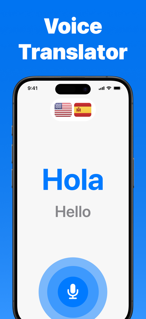 Translator plus 앱의 음성 번역기 화면이 스페인어에서 영어로 번역을 보여줍니다.