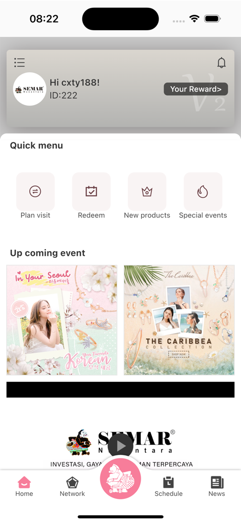 Home screen of My Semar Nusantara app featuring member dashboard quick menu for rewards and upcoming jewelry collections
