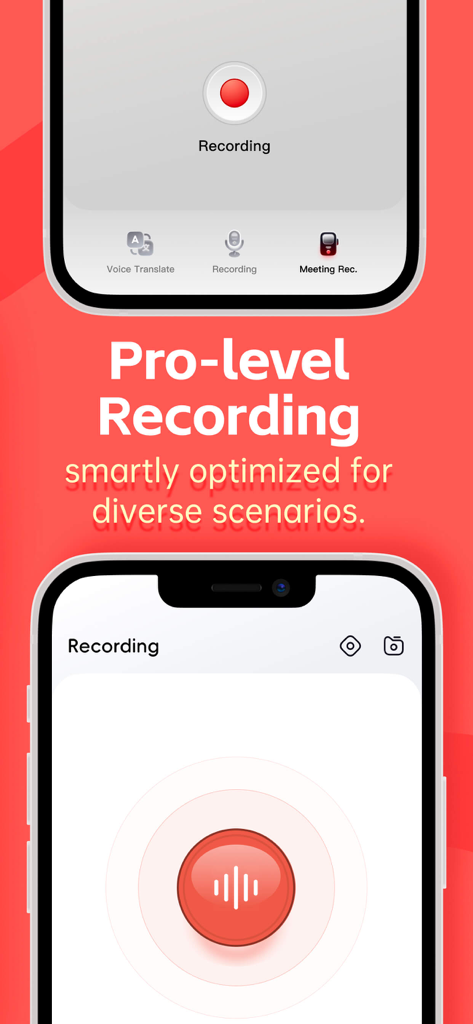 Interface of the AI Voice Translate app showing professional-level recording features for diverse scenarios.