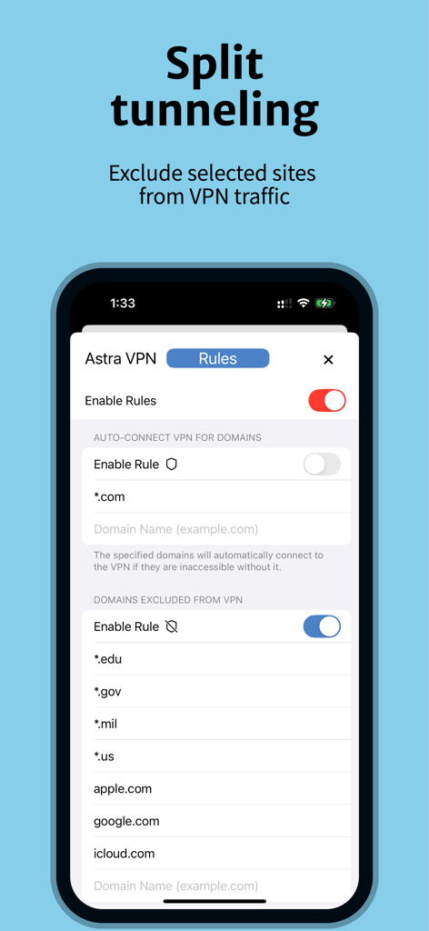 Interfaz de túnel dividido de Astra VPN para excluir sitios web y dominios específicos de la conexión VPN