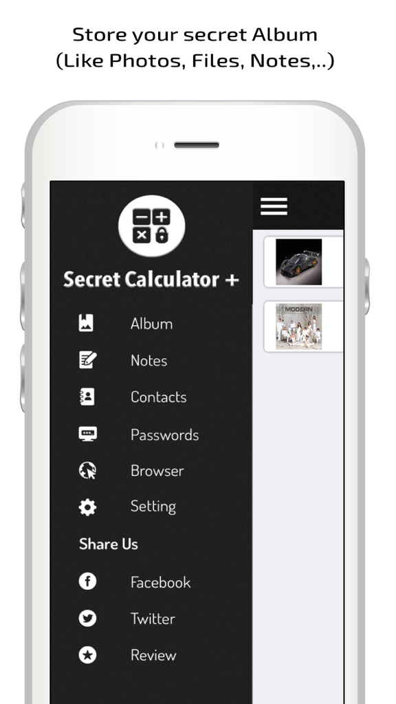 Secret Calculator  - A Secret Photo Hide Vault - Menú lateral de la aplicación Calculadora Secreta que muestra carpetas privadas para álbumes, notas, contactos y contraseñas