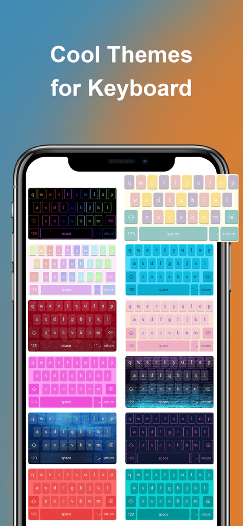 Font Keyboard - Auto Paste - A variety of colorful keyboard themes including neon, pastel, and textured designs for mobile customization.