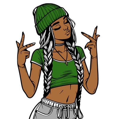 realistic teenage girl with braids and a beanie and crop top doing 🫶🏼