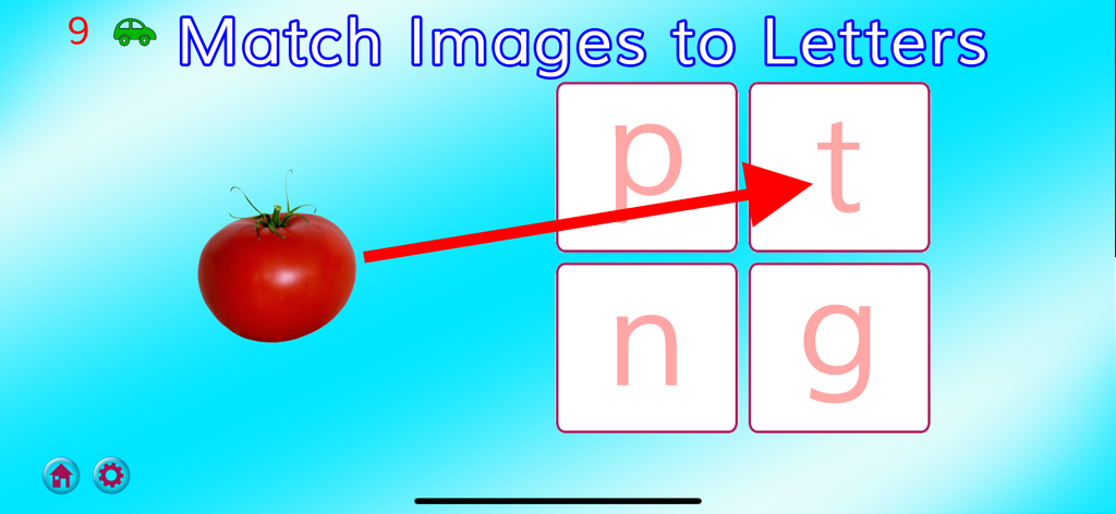 ABC MAGIC PHONICS 2 Deluxe - Educational matching activity in ABC Magic Phonics 2 connecting a tomato image to the lowercase letter t