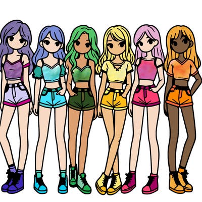a group of girls wearing crop tops and shorts