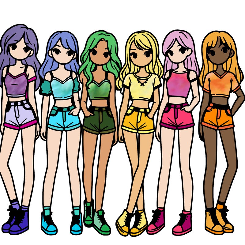 a group of girls wearing crop tops and shorts
