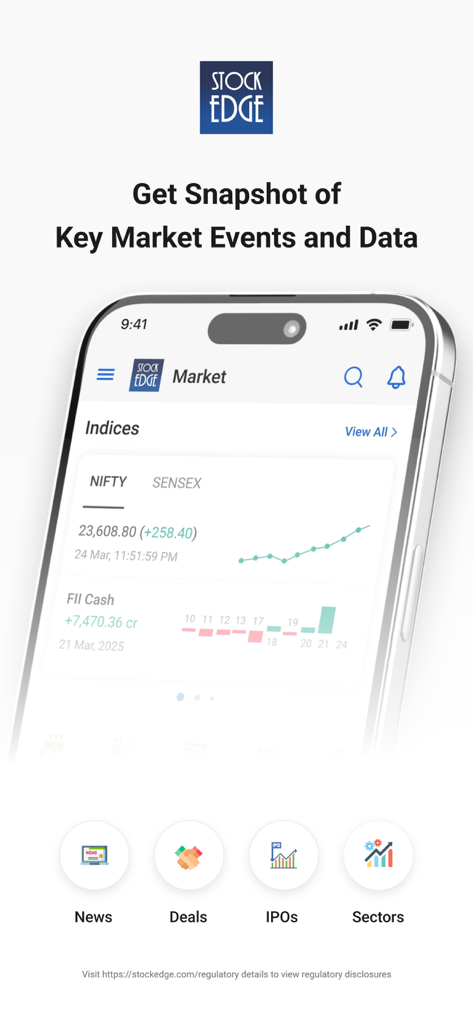 StockEdge mobile app interface displaying Indian stock market indices and FII data snapshot