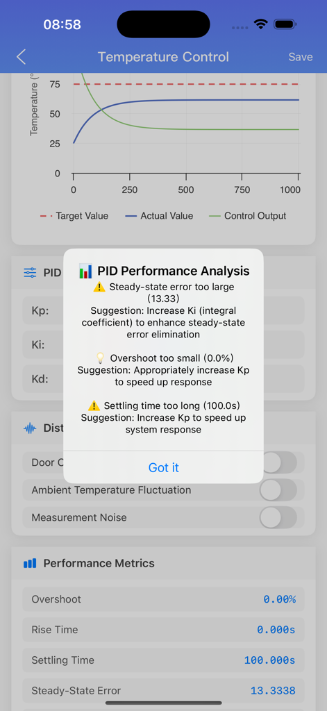 PID Controller Simulation - PID controller performance analysis screen showing temperature control simulation graph and tuning suggestions