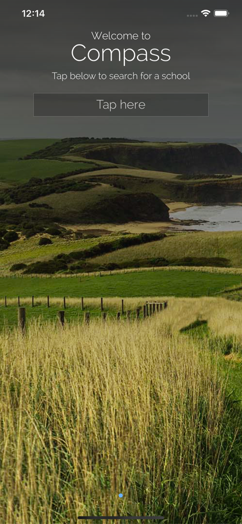 Compass School Manager - Compass School Manager app welcome screen with school search button and landscape background