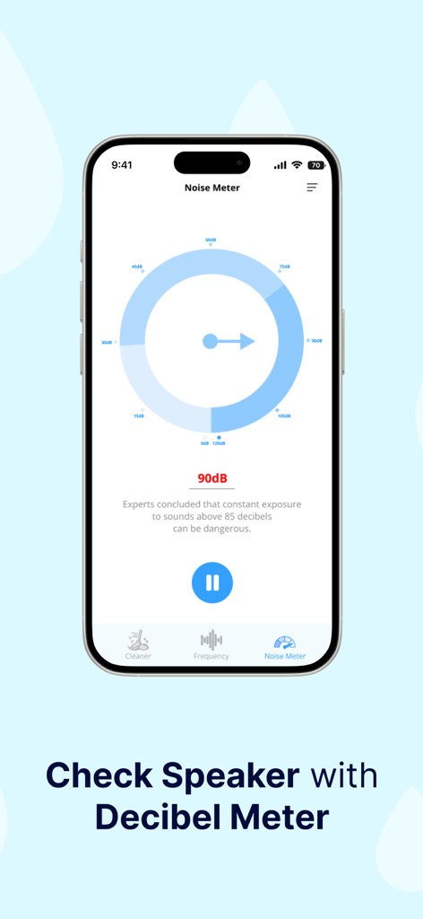 Interfaz de la aplicación del iPhone que muestra una herramienta de medidor de decibelios con un indicador circular que marca 90dB