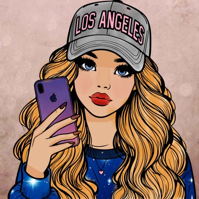 realistic beautiful girl wearing los ángeles cap holding an iphone