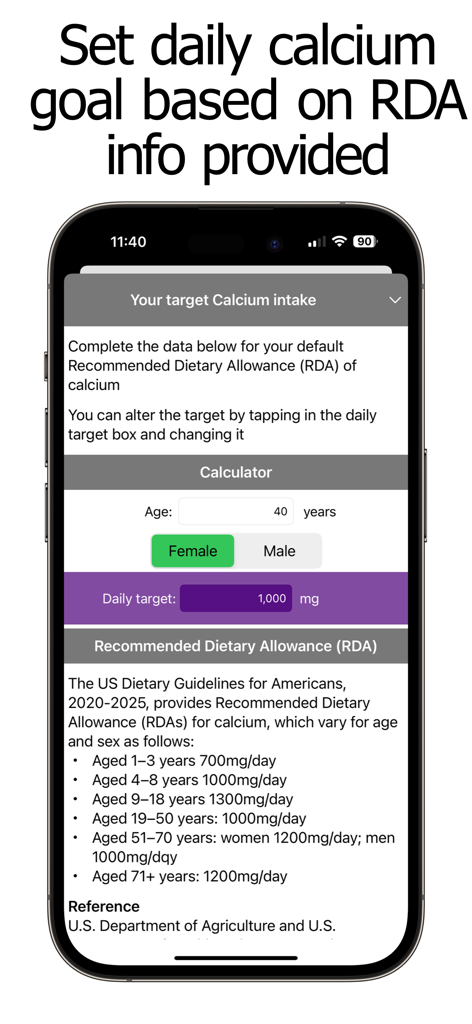 Calcium Counter and Tracker - Calculator screen for setting daily calcium goals based on age and Recommended Dietary Allowance guidelines.