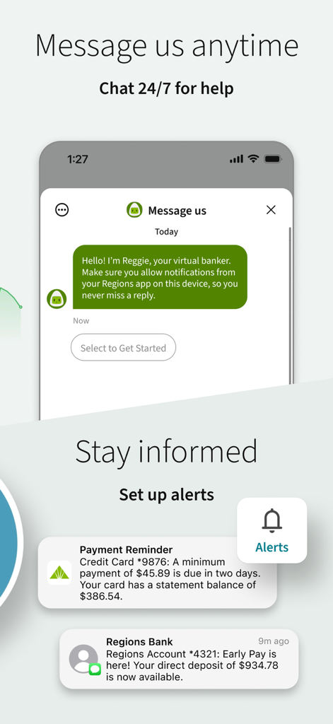 Regions Mobile - Regions Mobile app interface showing 24/7 virtual banker chat and account notification alerts for payments and deposits