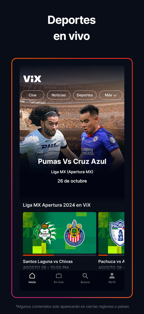 ViX: TV, Sports and News - ViXアプリのインターフェース、ライブリーガMXサッカーの試合とスポーツカテゴリをスペイン語で表示