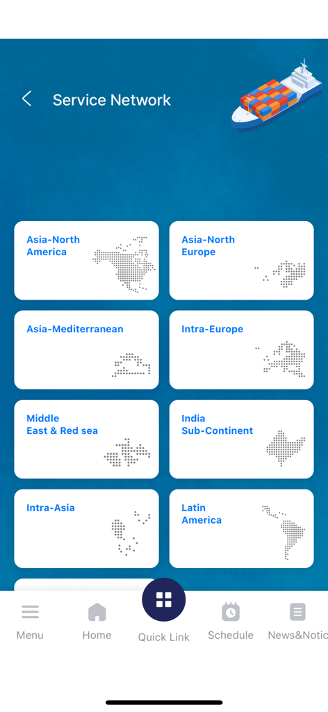 HMM e-Service - Pantalla de la aplicación móvil HMM e-Service que muestra las regiones de la red de servicios de transporte marítimo global.