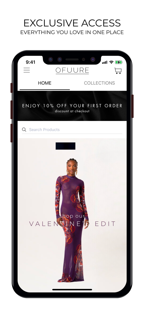 OFUURE - OFUURE mobile app home screen displaying the Valentine Edit collection and a first order discount offer