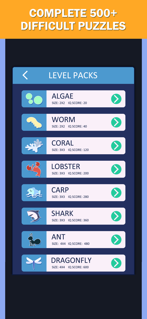 A screen from Word Spark showing multiple animal-themed level packs with varying grid sizes and IQ scores